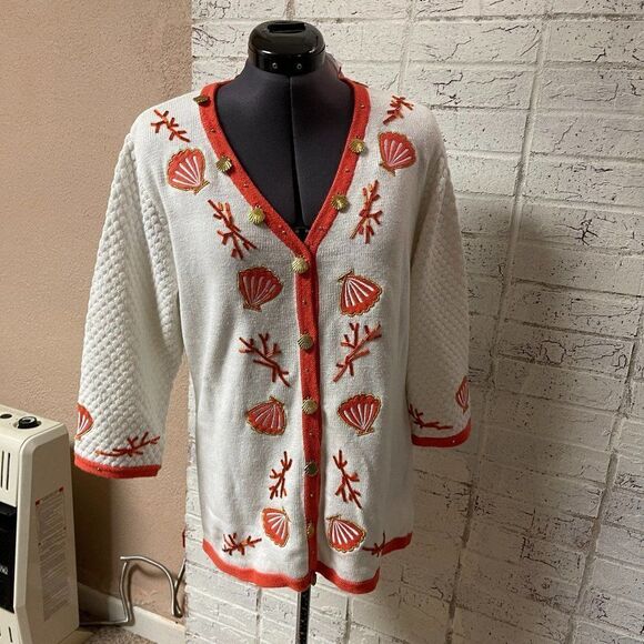 NWT Vintage Storybook Knits Seashell Seashore Beaded Print Cardigan Small - Picture 2 of 10